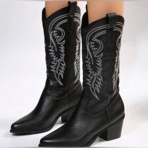 Western Boots Cowboy-Style pull-on Faux-Leather Women’s sz 9.5 Black/White NEW